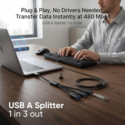 USB Splitter 1 in 3 Out, USB A Splitter Adapter, 2025 Upgraded USB 2.0 Male to 3 Female Y Extension Hub Cable for PC/Laptop/Xbox/Flash Drive/Mouse/Keyboard(Black)
