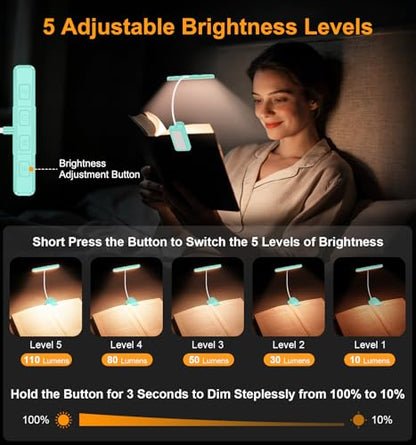 Gritin 2026 Gen 2 Book Light for Reading- 32 Eye Caring Full Spectrum LED | 5 Colors & 5 Brightness, Adjustable Wide/Narrow Beam, Upgrade 1500mAh Long-Lasting Rechargeable Clip on Light-Blue - color: Blue