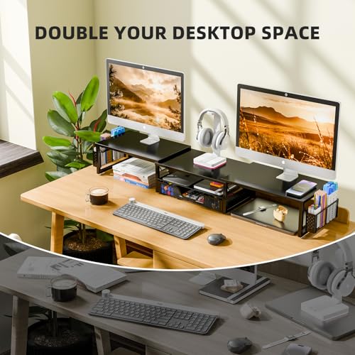 Simple Trending Dual Monitor Stand Riser with Drawer and 2 Pen Holders, Desk Organizer with Storage, Black