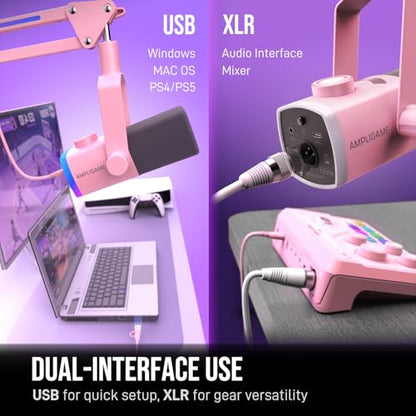 FIFINE XLR/USB Gaming Microphone Kit with Boom Arm Stand, RGB Streaming Mic for Computer Compatible with PC/PS4/PS5, Podcast Mic Set with Headphone Jack, Volume Knob, Mute-AmpliGame AM8PROT Pink - color: Pink