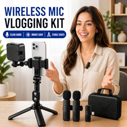 Vlogging Kit for iPhone/Android with Wireless Microphone, LED Light & Tripod – Phone Video Recording Kit for YouTube, TikTok, Streaming & Content Creators