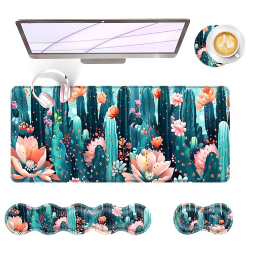 Large Keyboard Mouse Pad Set, Extended Mouse Pad+Keyboard Wrist Rest Support, Memory Foam Ergonomic Easy Typing, 4Pcs (31.5×11.8 in) Desk Pad Set for Office Home,Cute Cactus Blooming Flowers - color: Cute Cactus Blooming Flowers