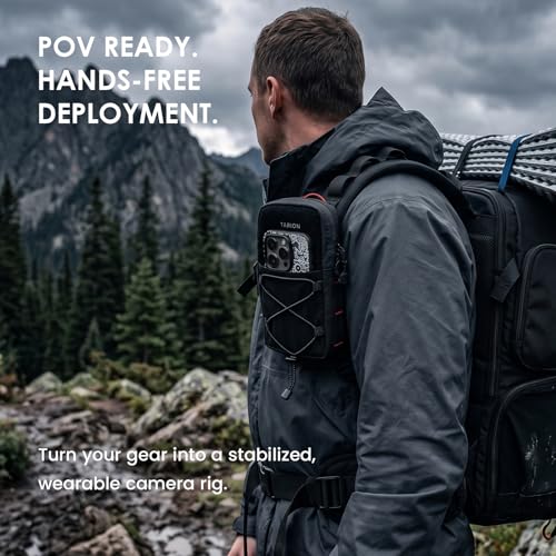 TARION Backpack Strap Pouch with POV Camera Mount, MOLLE Phone Holder | Water-repellent shell, waterproof zipper, detachable crossbody strap for biking hiking travel & POV vlog fits Pro Max phones