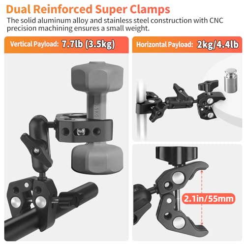 Double Super Clamp Camera Mount, Umbrella Holder Bracket with 360° Ballhead Magic Arm for Pole, Tripod Clamp Mount for Cross Bar, Light Stand, Strollers, Photo Boom Stand, Reflector, Chair