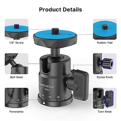 Kaitezenz Mini Ball Head, Panoramic Camera Tripod Head with 1/4" Screw and Dual Hot Shoe Mount, 360 Rotatable Metal Adapter for DSLR Camera Tripods Monopods Camcorder Light Microphone, Max Load 5.5lbs