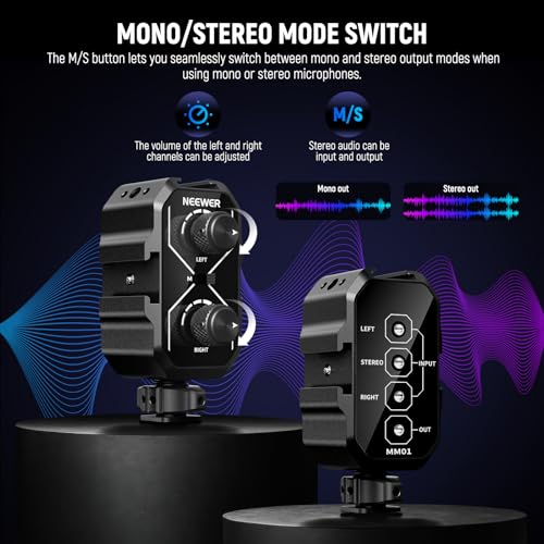 NEEWER MM01 Dual Channel Microphone Audio Mixer Adapter with 3.5mm TRS Cable, Stereo/Mono Switch, Cold Shoe Mounts for DSLR Camera, Smartphones, Battery Powered Microphones for Video Recording - style: MM01