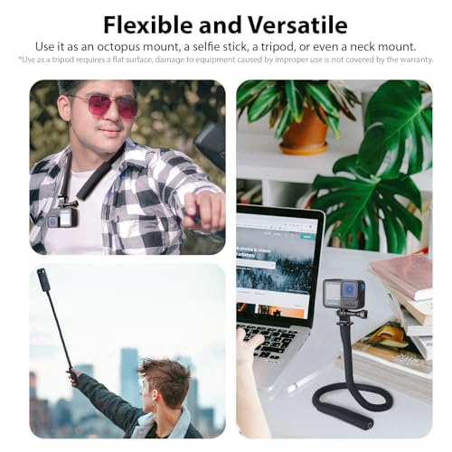 HSU Camera Flexible Mount Clamp Stick Pole for Insta360 GoPro | Neck Holder Selfie Stick Extension Pole, Camera Tripod Stand for GoPro Hero 13 12 11 10, Insta360 X5 X4 X3, DJI Action Camera
