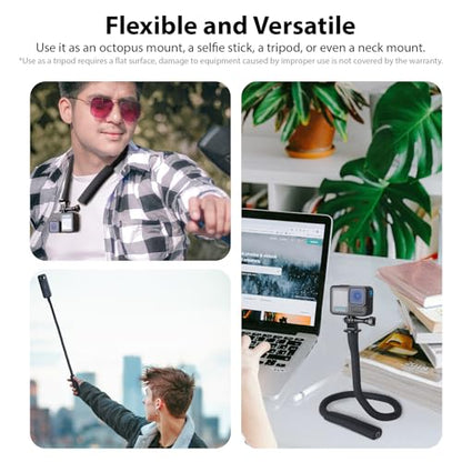 HSU Camera Flexible Mount Clamp Stick Pole for Insta360 GoPro | Neck Holder Selfie Stick Extension Pole, Camera Tripod Stand for GoPro Hero 13 12 11 10, Insta360 X5 X4 X3, DJI Action Camera