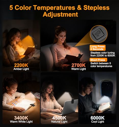 Gritin 2026 Gen 2 Book Light for Reading- 30 Eye Caring Full Spectrum LED | 5 Colors & 5 Brightness, Adjustable Wide/Narrow Beam, Upgrade 1500mAh Long-Lasting Rechargeable Clip on Light for Book Lovers - color: Black