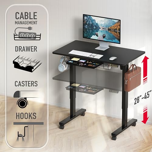 SHW 40-Inch Mobile Electric Height Adjustable Sit to Stand Desk with Drawer, Hanging Hooks and Cable Management, Black - color: Black