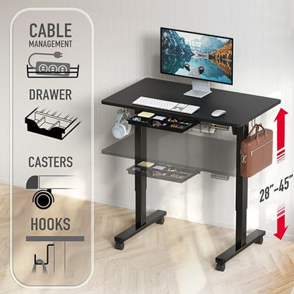 SHW 40-Inch Mobile Electric Height Adjustable Sit to Stand Desk with Drawer, Hanging Hooks and Cable Management, Black - color: Black