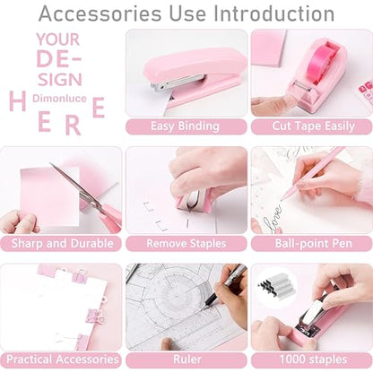 Pink Desk Accessories, Pink Office Supplies Accessories with Tape Dispenser, Stapler, Staple Remover, 1000 Staples, Tape, Clips Set, Ruler, Scissor, Pen - color: Pink