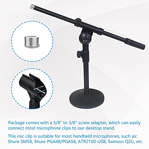 Adjustable Desktop Mic Stand, Desk Stand Tabletop Table Top Microphone Stand with Mic Clip for Handheld Microphone, Boom Arm, 5/8" Male to 3/8" Female Screw Adapter