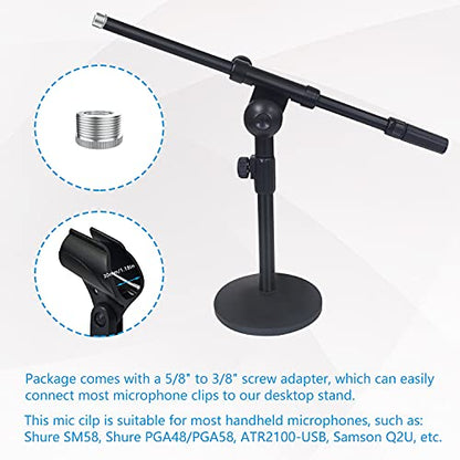 Adjustable Desktop Mic Stand, Desk Stand Tabletop Table Top Microphone Stand with Mic Clip for Handheld Microphone, Boom Arm, 5/8" Male to 3/8" Female Screw Adapter