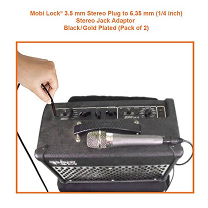Mobi Lock 2pcs 3.5mm Plug to 6.35mm Socket - 1/8 to 1/4 in Stereo Audio Jack Adapter - Connects Devices with 3.5mm Port to Amplifiers, Guitar, Piano, Speakers & Mic that use 6.35mm Port