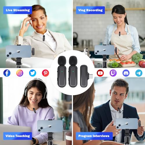 Wireless Lavalier Microphone, 2 Mini Mics with Charging Case, 8H, 65ft | USB-C Clip-On Mic for iPhone iPad Android PC, Noise Reduction, Ideal for Vlogging TikTok YouTube Video Recording Interview