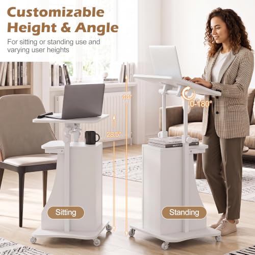 Tangkula Mobile Lectern Podium, Height Adjustable Podium Stand, Standing Sit-to-Stand Desk, Rolling Cart Laptop Desk with Swivel Top Movable Wheels & Storage - color: White, size: 20" x 16" x 44"