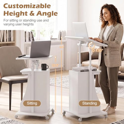 Tangkula Mobile Lectern Podium, Height Adjustable Podium Stand, Standing Sit-to-Stand Desk, Rolling Cart Laptop Desk with Swivel Top Movable Wheels & Storage - color: White, size: 20" x 16" x 44"