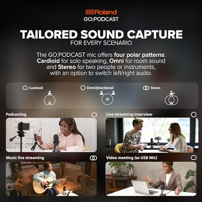 Roland GO:Podcast Video Podcasting Studio for Smartphones | Livestreaming System for Podcasters, Vloggers & More | Intuitive Video App | USB Microphone | Four Polar Patterns