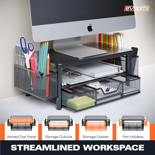 eVoomi FlowMax Ergonomic Desk organizer Computer Monitor Stand -Improved XL Desk Drawer, File Paper Pencil Holders - Pro Posture Eye-Level Tension Relief - Anti-Slip Home Office Supplies Storage Stand for Laptop Monitor or Printer