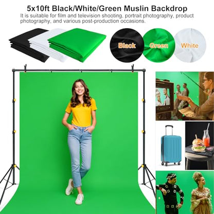 LINCO Lincostore Photo Video Studio Light Kit AM174 - Including 3 Color 5x10ft Backdrops (Black/White/Green) Background Screen