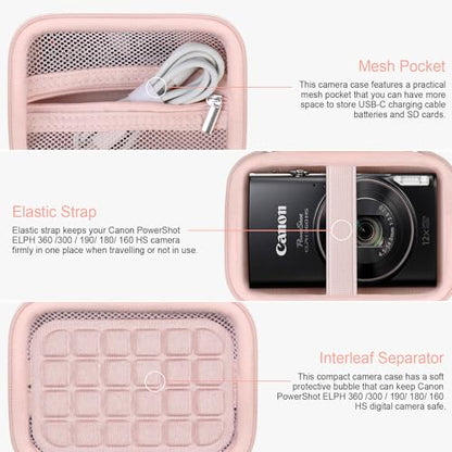RAIALL Carrying Case for Canon PowerShot ELPH 360 HS A/IXY 650/ Canon IXUS 285 HS/Sony DSCW830/ CAMKORY/VAHOIALD Digital Camera, Vlogging Camera Travel Bag, Mesh Pocket for Batteries, Pink - color: Pink