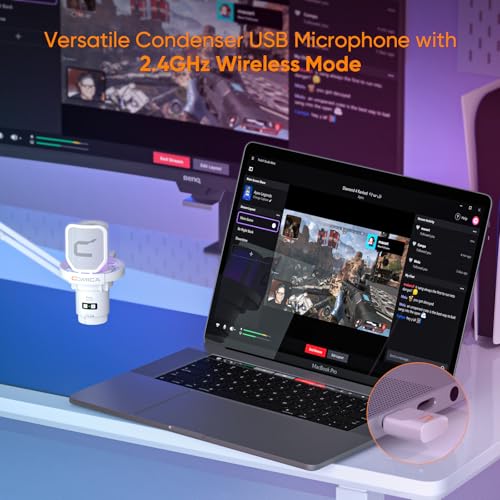 COMICA EJoy Uni Pro Wireless USB Condenser Gaming Microphone for PC, PS4, PS5, USB C Phone and Mac, Boom Arm RGB Computer Mic for Twitch, Streaming, Podcasting, Noise Cancellation Mic with Mute, Gain - color: White