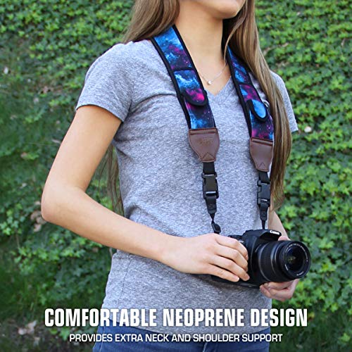USA Gear TrueSHOT Camera Strap Neoprene Camera Straps - Padded Neck Strap, Accessory Pocket, and Quick Release Buckles - Compatible with Canon, Nikon, Sony and More DSLR and Mirrorless Camera - Galaxy - color: Galaxy