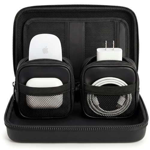 Mid-Size Tech Organizer with Removable Pouches – Hard Shell Travel Case for Cables, Chargers & Accessories | Electronics Organizer for Travel - color: Black