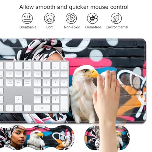 4 in 1 Ergonomic Keyboard Wrist Rest & Mouse Pad Wrist Rest Set, Large XXL Gaming Desk Mat 31.5"x 11.8" with Non-Slip Base, Memory Foam for Home Office Study Gaming, American Black Girl Bald Eagle - color: American Black Girl Bald Eagle