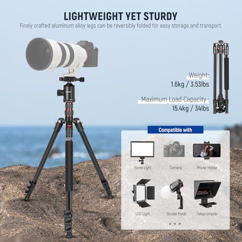 NEEWER 77" Camera Tripod Monopod with Cell Phone Holder Compatible with iPhone for Video Recording, Compact Aluminum Travel Stand with Ball Head QR Plate Bag Cleaning Cloth, Max Load 34lb, TP77 - style: Travel Tripod w/Cleaning Cloth