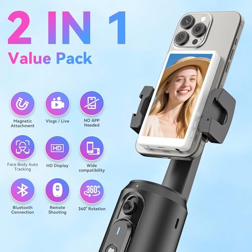 Vlog Selfie Monitor Screen Pro, Built-in Speaker and 360° Auto Face Tracking Tripod, Magnetic Phone Vlog Selfie Monitor Screen 4K 60fps, Magnetic Vlogging Kit for iPhone/Android