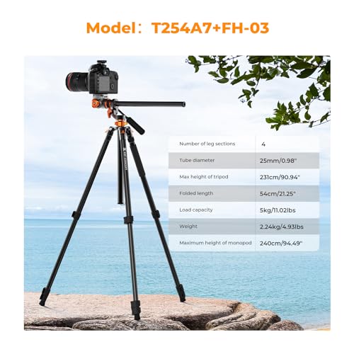 K&F CONCEPT 90''/230cm Overhead Camera Tripod, Horizontal Shooting Video Tripods with Fluid Head Heavy Duty, Detachable Monopod, for Indoor and Outdoor Use T254A7+FH-03 - size: T254A7+FH-03