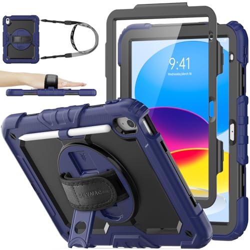 SEYMAC stock Case for iPad (A16) 11th/10th Generation 11''/10.9'' 2025/2022, Full-Body Drop Protection Case with Screen Protector &360° Rotate Hand Strap/Stand, Navy Blue - color: Navy Blue, size: Case for iPad (A16) 11th/10th Generation 11/10.9''