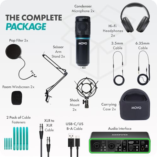 Movo PodKit2AH Podcast Equipment Bundle for 2 Condenser Microphone Kit with MDX-1 2x2 USB-C Audio Interface and Articulating Scissor Arm Mic Stand (with Headphones) - style: With Boom Arms