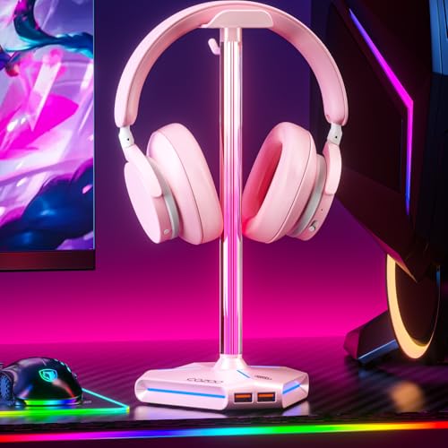cozoo Desk headset stand Touch RGB Light Stand 4 Color Modes 2 USB Pink | Headphone Stand for Desk with 4 Fixed Colors & RGB Cycle Lighting,Built-in 2 USB2.0 Charging Ports, for Most Gaming Headsets - color: Pink