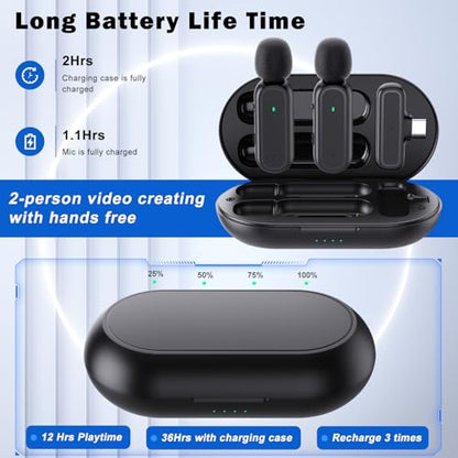 Wireless Lavalier Microphone, 2 Mini Mics with Charging Case, 8H, 65ft | USB-C Clip-On Mic for iPhone iPad Android PC, Noise Reduction, Ideal for Vlogging TikTok YouTube Video Recording Interview