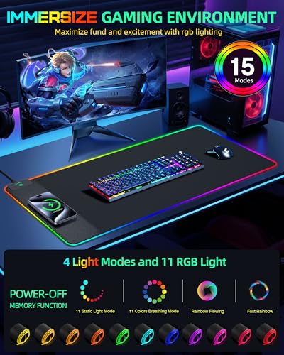 Mouse Pad with Wireless Charging, RGB Gaming Desk Mat, Large XXL Desk Pad, 15 Lighting Modes, Ultra-Smooth Surface, Non-Slip Mouse Mat, Waterproof Computer Keyboard Pad for Gamer, 800x400x4MM, Black - color: Rgb - 31.5"x15.7" (Magnetic Charging)