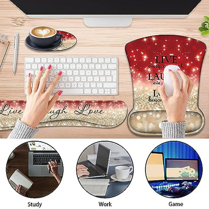 Keyboard Wrist Support + Wrist Mousepad + Coaster Combination, Non-Slip PU Base, with Gel Memory Mousepad, Suitable for Gaming, Office Pain Relief Mousepad Set - Red Glitter Quote ?Live Laugh Love - color: Red Glitter Quote ?Live Laugh Love