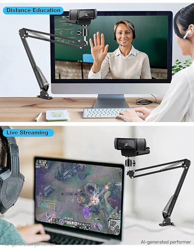 Webcam Stand, Boom Arm Camera Mount Stand for Logitech Webcam BRIO 4K C920 C920S C922 C922x C925e C930 NexiGo N60, 1/4"-3/8" and 3/8"-5/8" Screw for Blue Yeti Snowball Yeti Nano and Other Mics - size: 13.1" - 26.2" in height