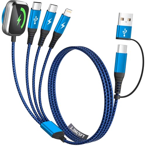 Multi Charging Cable for iPhone Watch Charger, 4 in 2 USB A/C Phone Charger Cord with Dual Type-C/IP, iWatch Cable Nylon Cruise Essentials 2026 Compatible with iWatch/Phone 17-11/Pod/Android, 5FT - color: Blue, size: 1PCS&5FT