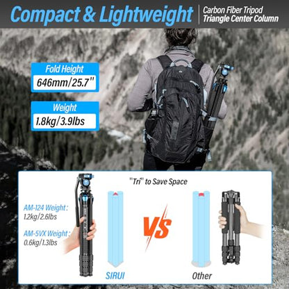 SIRUI AM-124 Carbon Fiber Tripod with AM-5VX Fluid Head, 65.6“ Compact Video Camera Tripod for Travel, Triangular Center Column, Side Loading QR Plate, Waterproof Twist Lock, Loads 6.6lbs - size: 65.6 inches