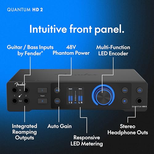 Fender Quantum HD 2 | 20x24 USB-C Audio Interface for Music Production, MAX-HD Mic Preamps, Front Instrument Inputs, ADAT & S/PDIF I/O, Auto Gain, Re-Amp Outputs, Loopback, Headphone Amp, Mac & PC | 20 X 24 I and O, 32-Bit/192 Khz Converters, 2 Max-HD Mic