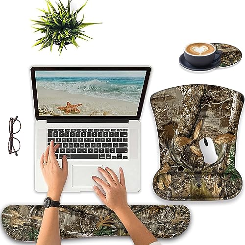 Keyboard Wrist Support + Wrist Mousepad + Coaster Combination, Non-Slip PU Base, with Gel Memory Mousepad, Suitable for Gaming, Office Pain Relief Mousepad Set - Camouflage Giraffe - color: Camouflage Giraffe