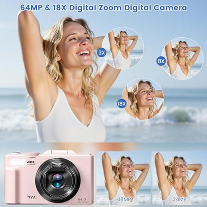 4K Digital Camera for Photography, 64MP HD WiFi Vlogging Camera for YouTube with 3" 180°Flip Screen, 18X Digital Zoom,Autofocus Compact Camera with Flash,32GB TF Card & 2 Batteries(Pink) - color: Pink