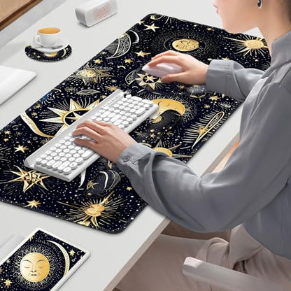 Gaming Mouse Pad, Large Desk Mat, Cute Desk Pad Protector, 4in1 XXL Mousepad + Keyboard Wrist Rest+Mouse Wrist Rest+Coaster Set with Ergonomic Desk Pad for Home Office PC Computer, Stars and Moon - color: Stars and Moon