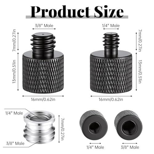 1/4 to 3/8 & 3/8 to 1/4 Camera Tripod Adapter, 4 Pack Double Head Stud Screw Thread Converter Male to Female Mounting Adapter for Camera, Monitor, Tripod, Mic Stand