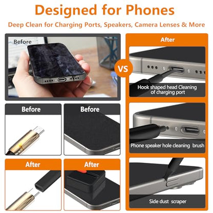 Cell Phone Cleaning Kit, iPhone Cleaning Kit for Charging Port Cleaner Keyboard Cleaning Kit for Airpods/Android/USB C/Earbuds/Laptop/iPad/Camera Lens with Stylus Pen (Black Brush Refill) - color: Black (with 10 Mini Brush)