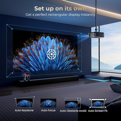 [2500 ANS ＆ 50W] Alvar Outdoor Projector 4K Support with WiFi 6 and Bluetooth, dbx-tv Sound, Built in NetfIix App & DoIby Audio Proyector, Auto Focus & Keystone Smart for Soccer Match