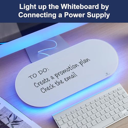 TSJ OFFICE Glass Desktop Whiteboard - 17 X 7 Inches Small Dry Erase Board with Blue Light, Glass White Board Surface Notepad with 1 Drawer, Desk Organizers for Office, Home, School Supplies - color: Blue Light (White Glass)
